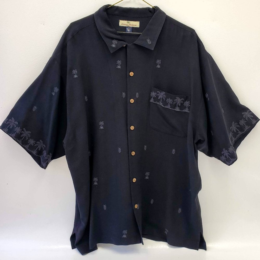 Tommy Bahama Men's XL Black Silk Shirt Short Sleeves Pineapples & Palm Trees